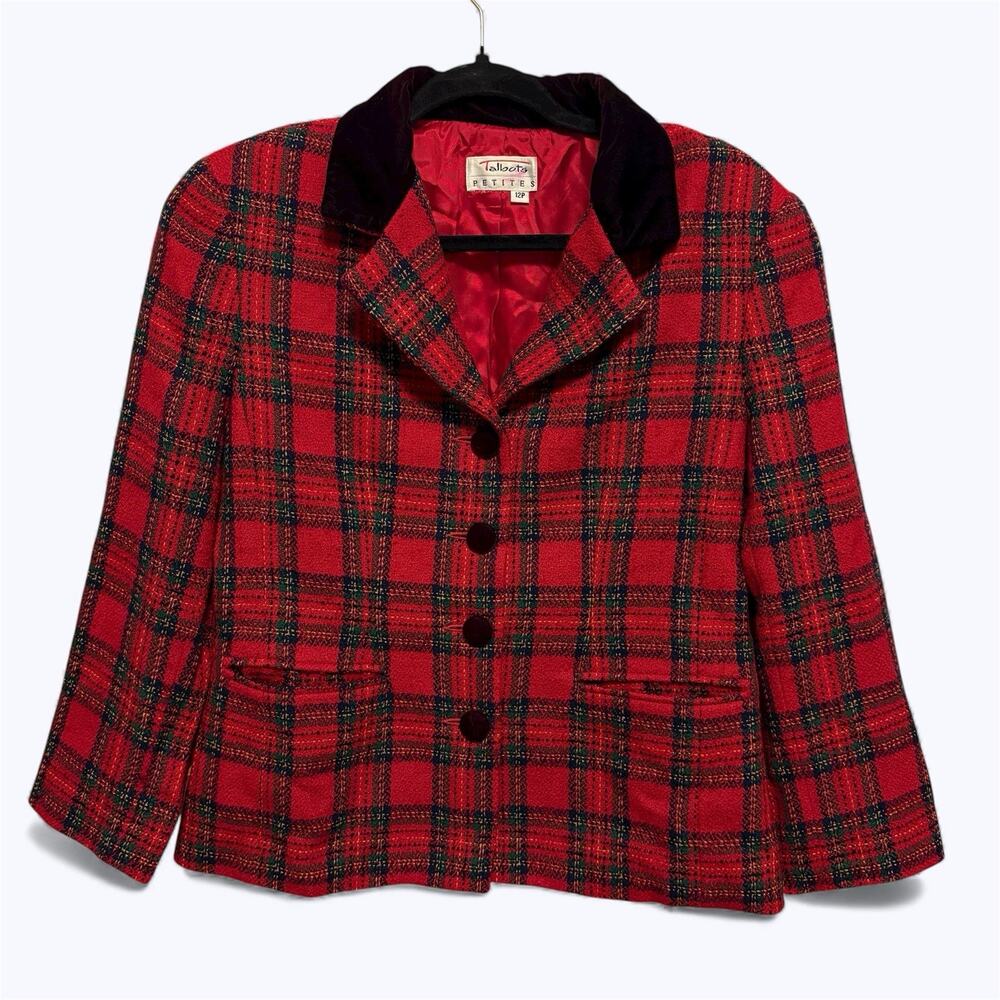 VTG Talbots Blazer Jacket Womens 12P Red Tartan Plaid Wool Velvet Tweed Holiday